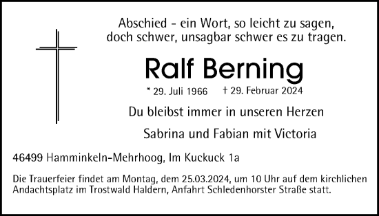 Traueranzeige von Ralf Berning von Tageszeitung