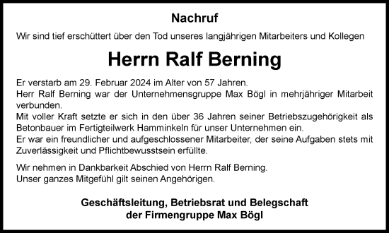 Traueranzeige von Ralf Berning von Tageszeitung