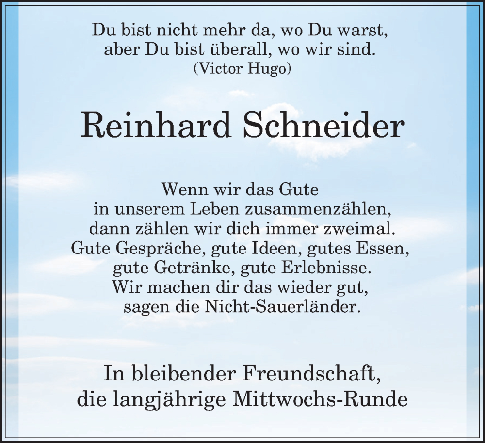  Traueranzeige für Reinhard Schneider vom 23.03.2024 aus Tageszeitung