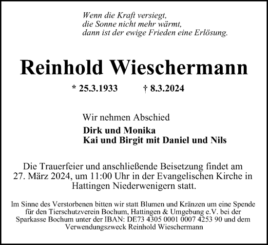 Traueranzeige von Reinhold Wieschermann von Tageszeitung