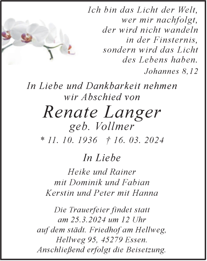  Traueranzeige für Renate Langer vom 23.03.2024 aus Tageszeitung