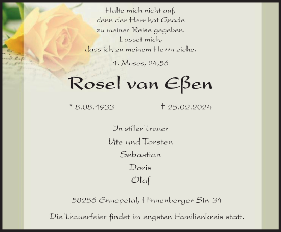 Traueranzeige von Rosel van Eßen von Tageszeitung