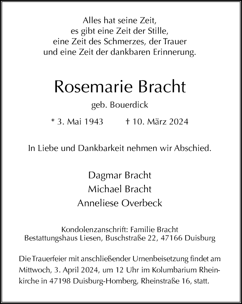  Traueranzeige für Rosemarie Bracht vom 30.03.2024 aus Tageszeitung