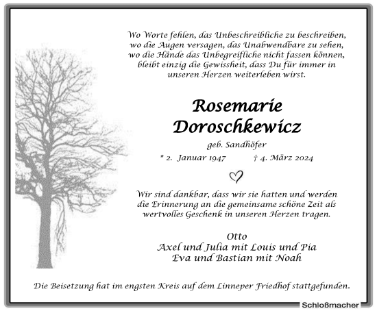Traueranzeige von Rosemarie Doroschkewicz von Tageszeitung