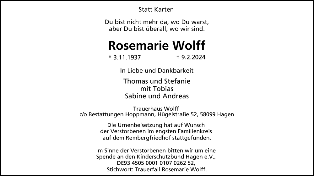  Traueranzeige für Rosemarie Wolff vom 02.03.2024 aus Tageszeitung