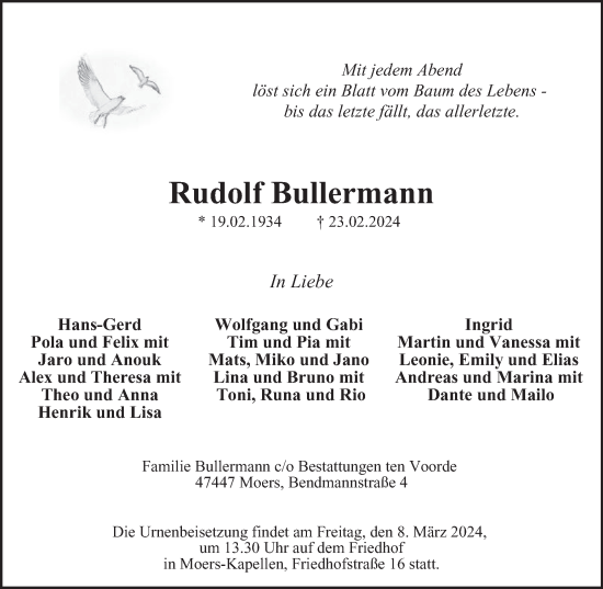 Traueranzeige von Rudolf Bullermann von Tageszeitung