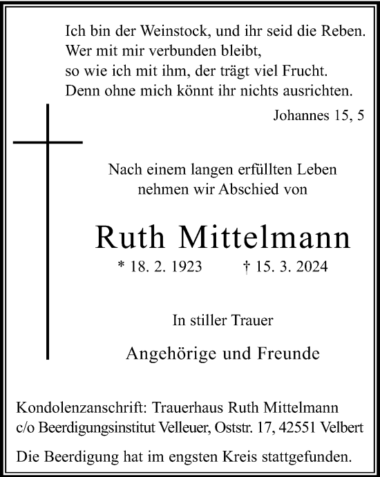 Traueranzeige von Ruth Mittelmann von Tageszeitung
