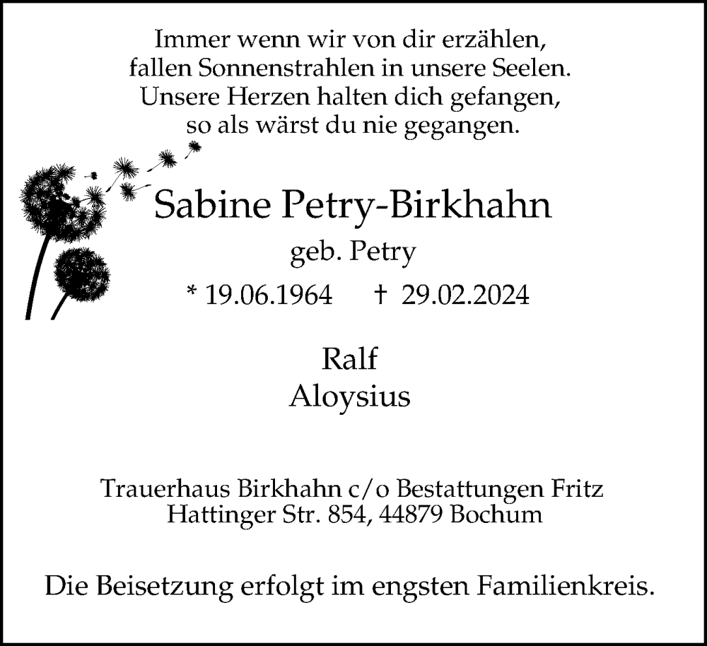  Traueranzeige für Sabine Petry-Birkhahn vom 16.03.2024 aus Tageszeitung
