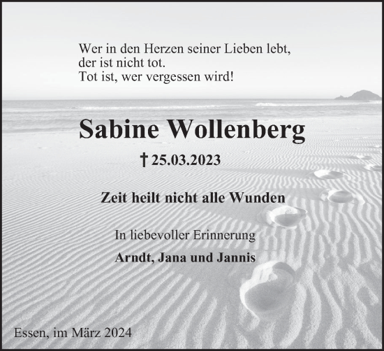 Traueranzeige von Sabine Wollenberg von Tageszeitung