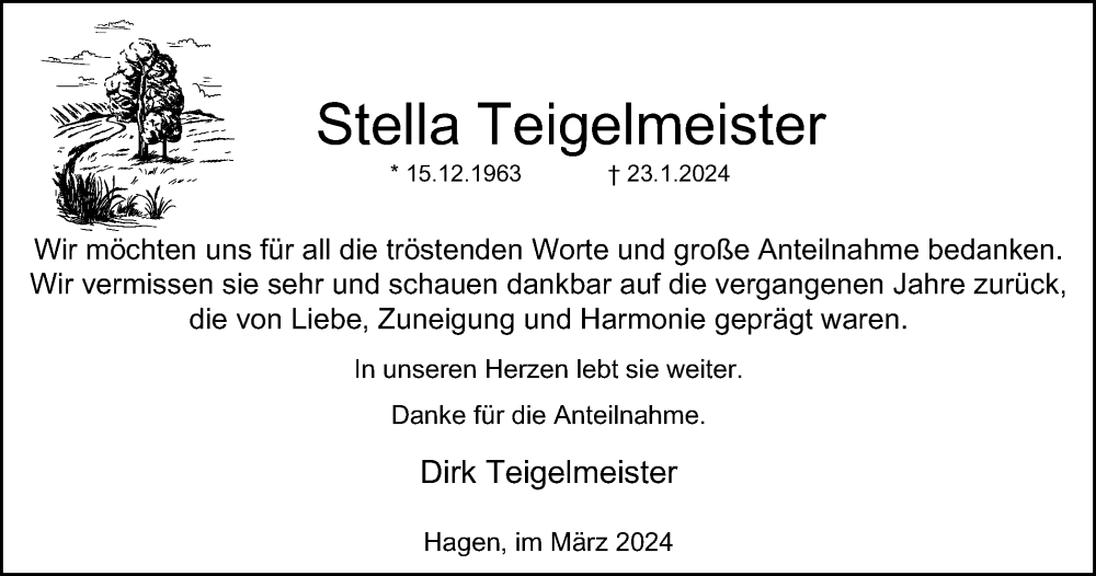  Traueranzeige für Stella Teigelmeister vom 09.03.2024 aus Tageszeitung