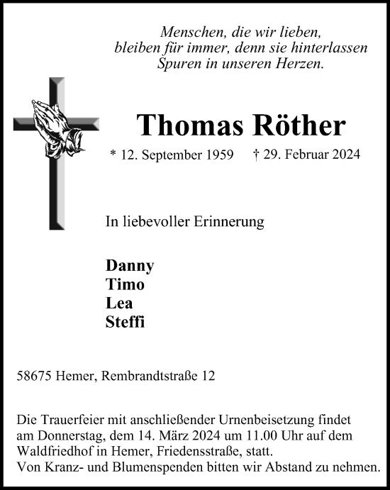 Traueranzeige von Thomas Röther von Tageszeitung