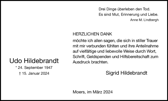 Traueranzeige von Udo Hildebrandt von Tageszeitung