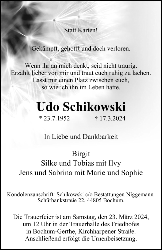  Traueranzeige für Udo Schikowski vom 20.03.2024 aus Tageszeitung