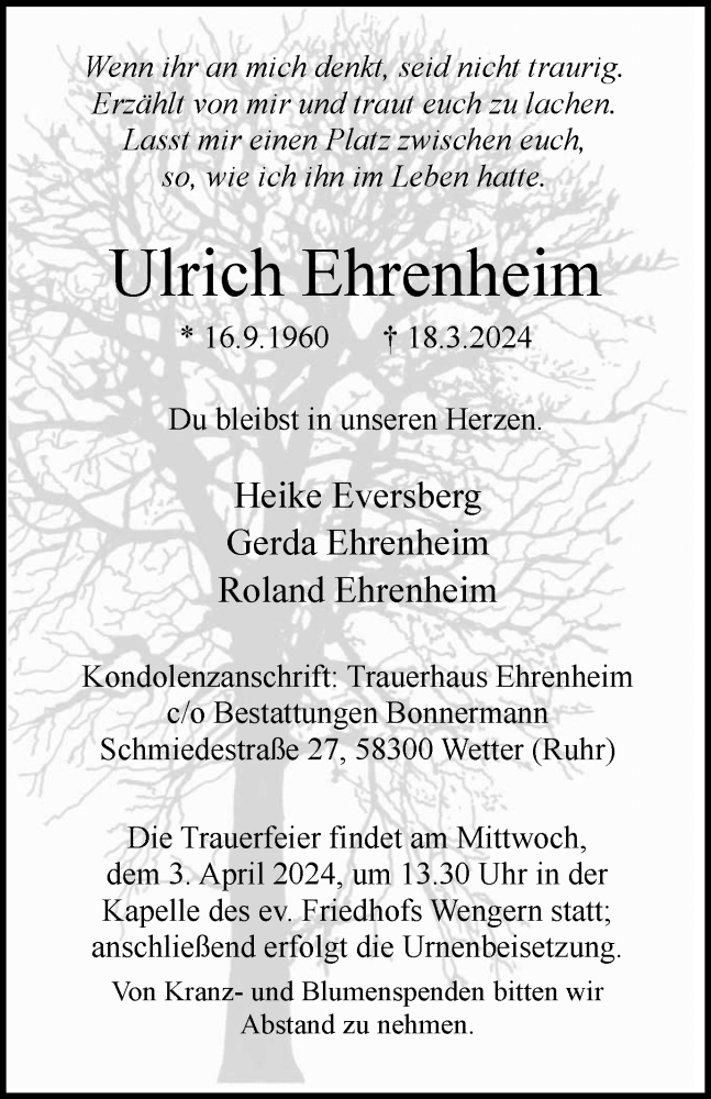  Traueranzeige für Ulrich Ehrenheim vom 23.03.2024 aus Tageszeitung
