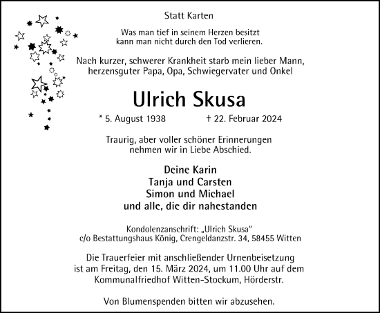 Traueranzeige von Ulrich Skusa von Tageszeitung