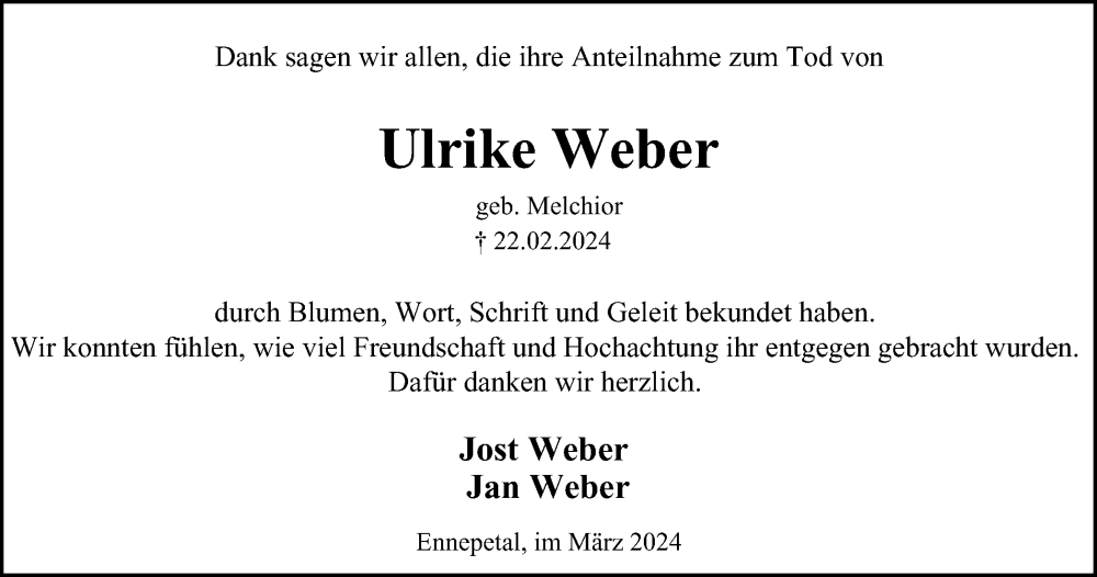  Traueranzeige für Ulrike Weber vom 23.03.2024 aus Tageszeitung