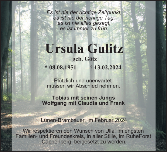 Traueranzeige von Ursula Gulitz von Tageszeitung