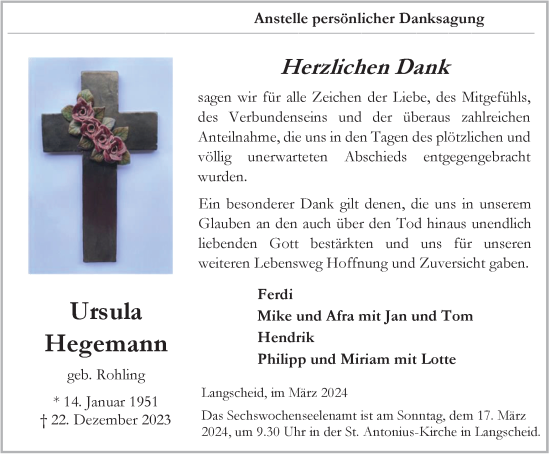 Traueranzeige von Ursula Hegemann von Tageszeitung