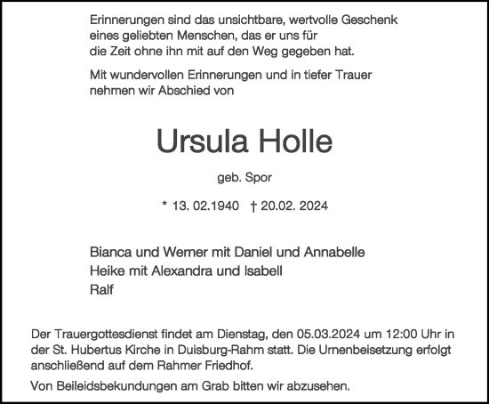 Traueranzeige von Ursula Holle von Tageszeitung