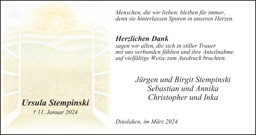  Traueranzeige für Ursula Stempinski vom 02.03.2024 aus Tageszeitung