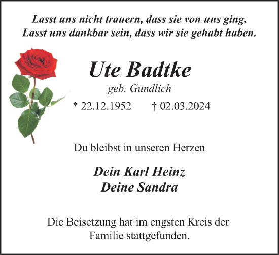 Traueranzeige von Ute Badtke von Tageszeitung
