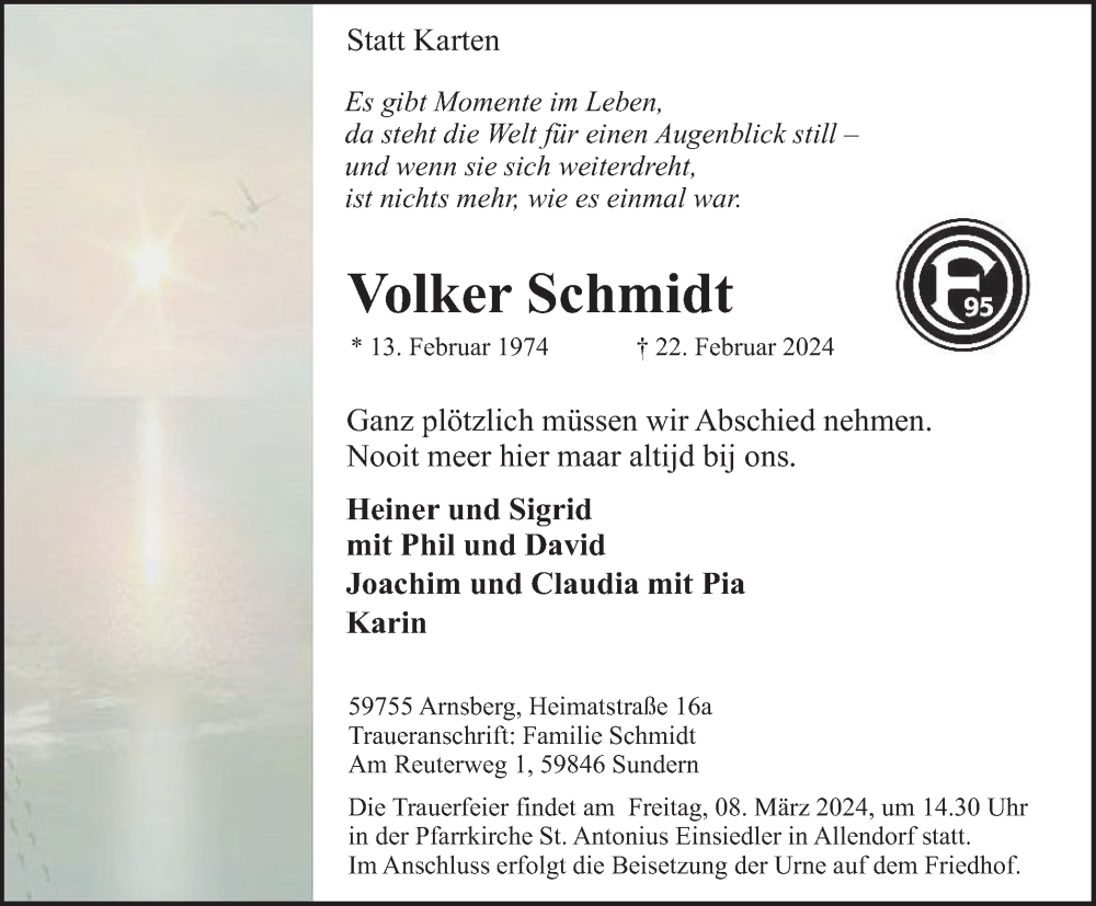  Traueranzeige für Volker Schmidt vom 02.03.2024 aus Tageszeitung