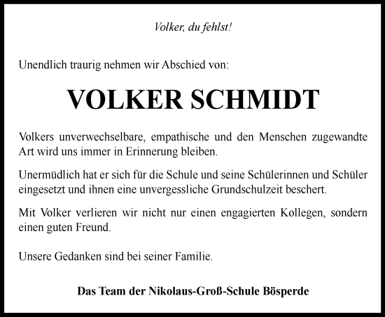 Traueranzeige von Volker Schmidt von Tageszeitung