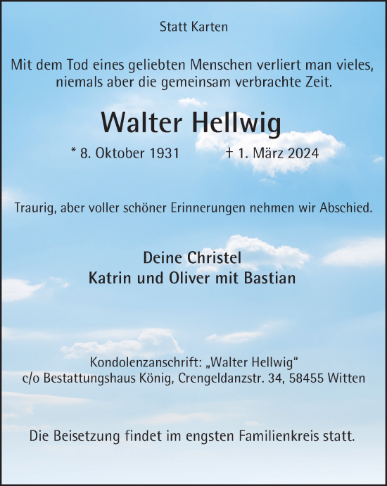 Traueranzeige von Walter Hellwig von Tageszeitung