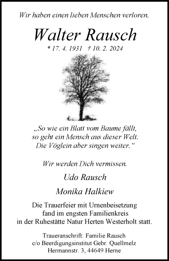 Traueranzeige von Walter Rausch von Tageszeitung