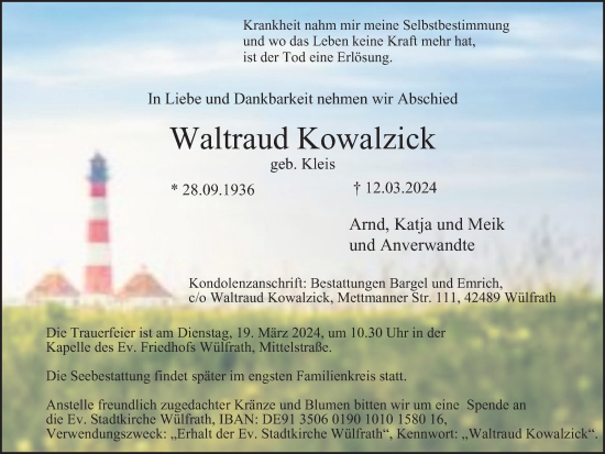 Traueranzeige von Waltraud Kowalzick von Tageszeitung