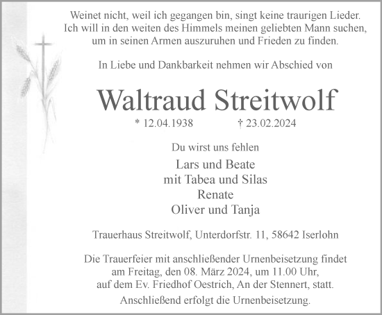 Traueranzeige von Waltraud Streitwolf von Tageszeitung