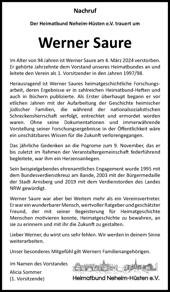 Traueranzeige von Werner Saure von Tageszeitung