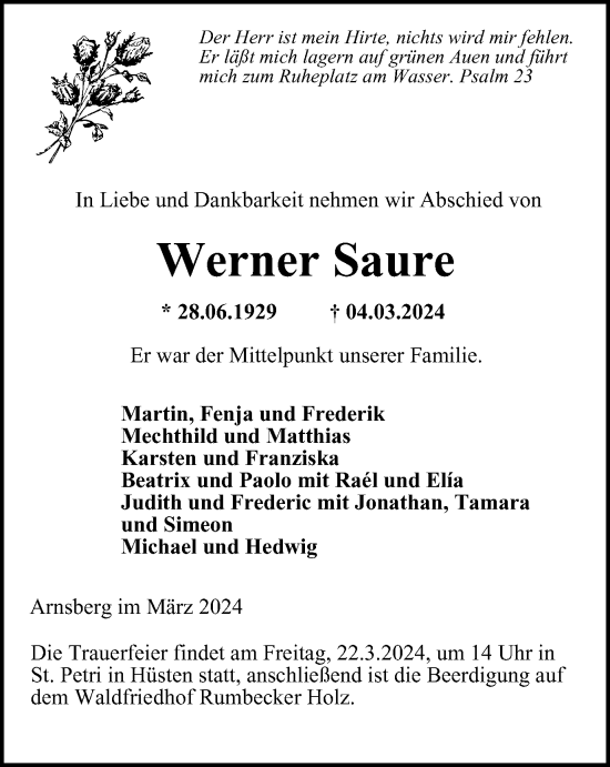 Traueranzeige von Werner Saure von Tageszeitung