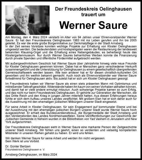 Traueranzeige von Werner Saure von Tageszeitung