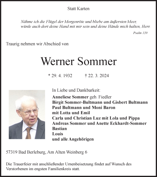 Traueranzeige von Werner Sommer von Tageszeitung
