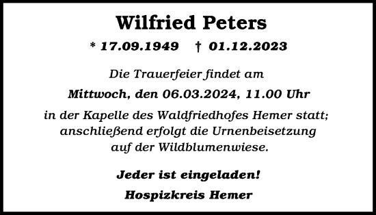 Traueranzeige von Wilfried Peters von Tageszeitung