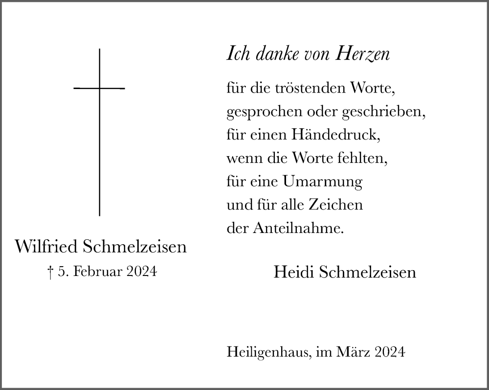  Traueranzeige für Wilfried Schmelzeisen vom 09.03.2024 aus Tageszeitung