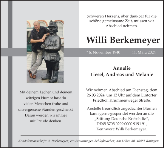 Traueranzeige von Willi Berkemeyer von Tageszeitung
