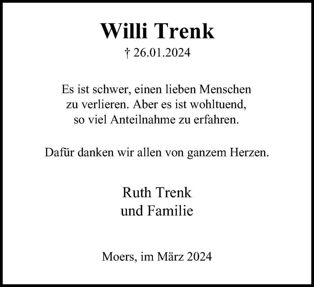  Traueranzeige für Willi Trenk vom 02.03.2024 aus Tageszeitung