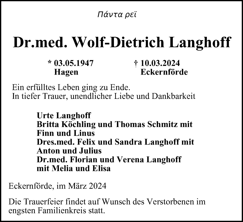  Traueranzeige für Wolf-Dietrich Langhoff vom 14.03.2024 aus Tageszeitung