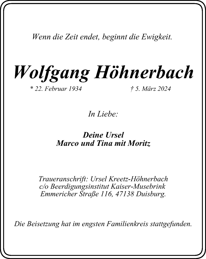  Traueranzeige für Wolfgang Höhnerbach vom 16.03.2024 aus Tageszeitung