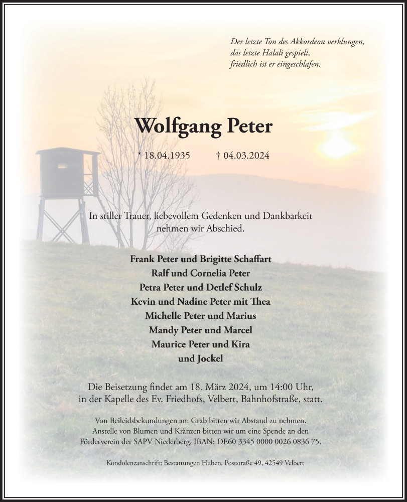  Traueranzeige für Wolfgang Peter vom 16.03.2024 aus Tageszeitung