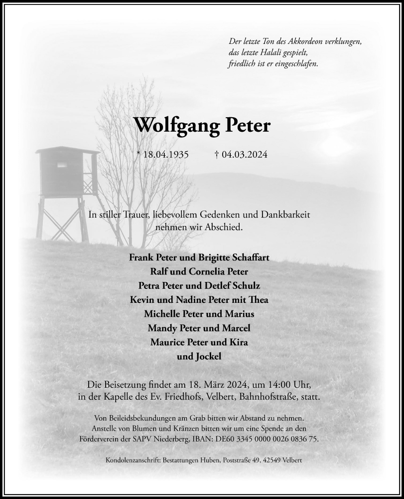  Traueranzeige für Wolfgang Peter vom 07.03.2024 aus Tageszeitung