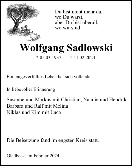 Traueranzeige von Wolfgang Sadlowski von Tageszeitung