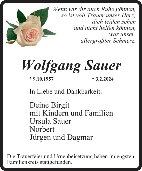 Traueranzeige von Wolfgang Sauer von Tageszeitung