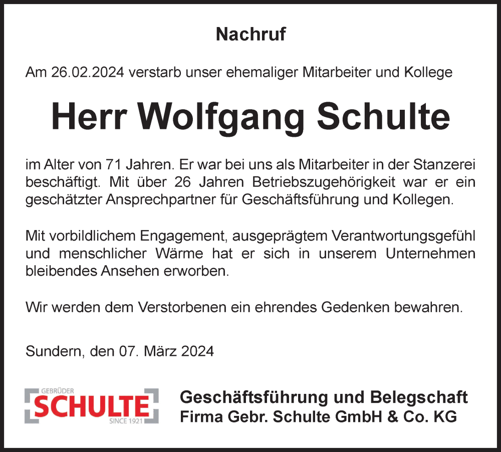  Traueranzeige für Wolfgang Schulte vom 09.03.2024 aus Tageszeitung