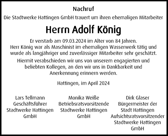 Traueranzeige von Adolf König von Tageszeitung