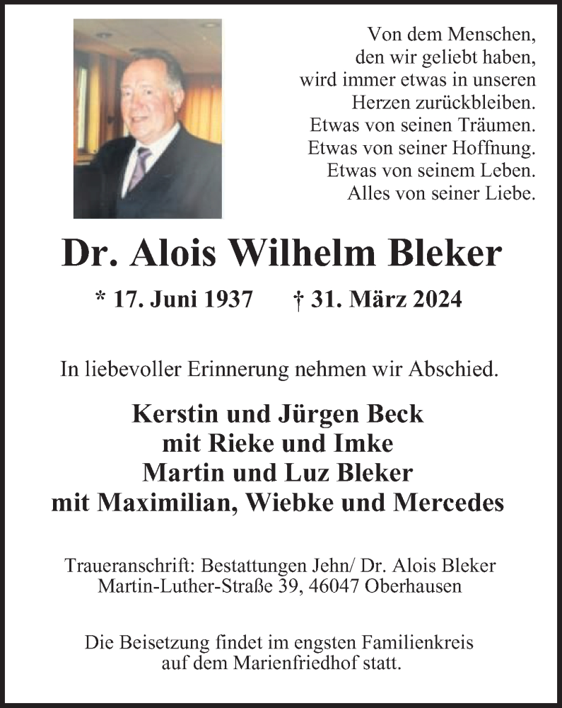  Traueranzeige für Alois Bleker vom 06.04.2024 aus Tageszeitung