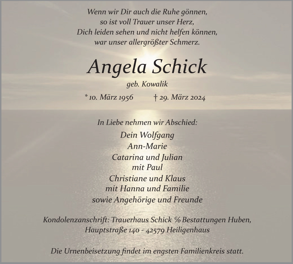  Traueranzeige für Angela Schick vom 13.04.2024 aus Tageszeitung