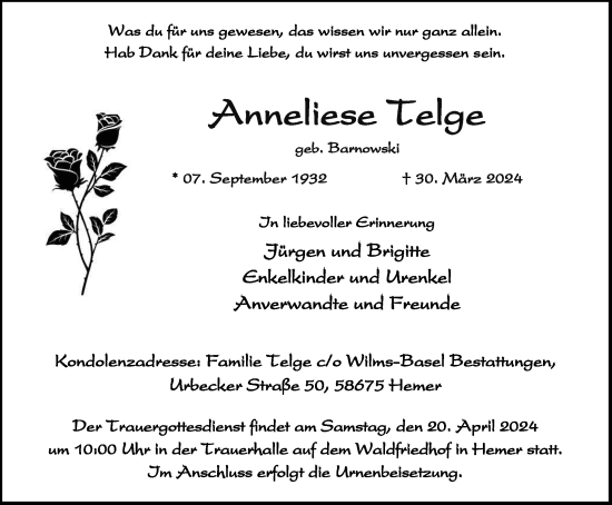 Traueranzeige von Anneliese Telge von Tageszeitung